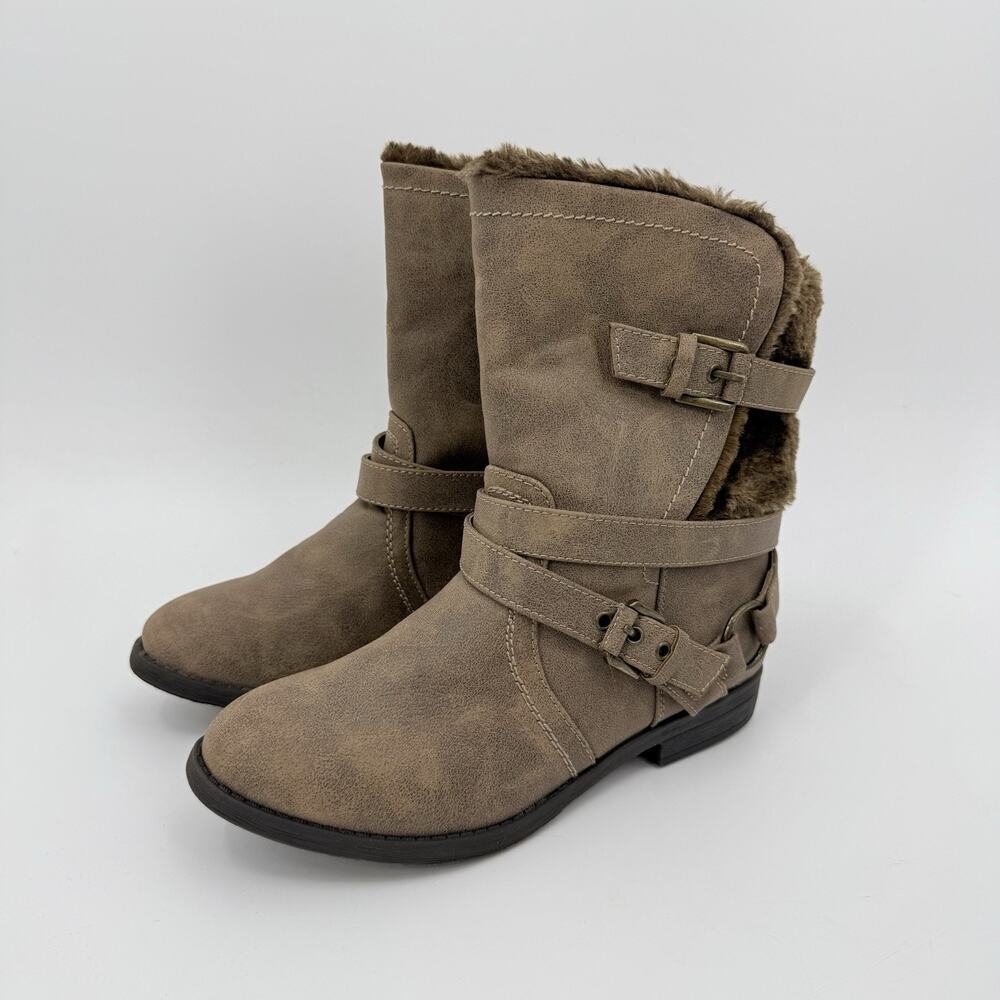 Carlos Santana Faux Fur Lined Moto Strappy Mid Calf Winter Boots Taupe 9M Cabin